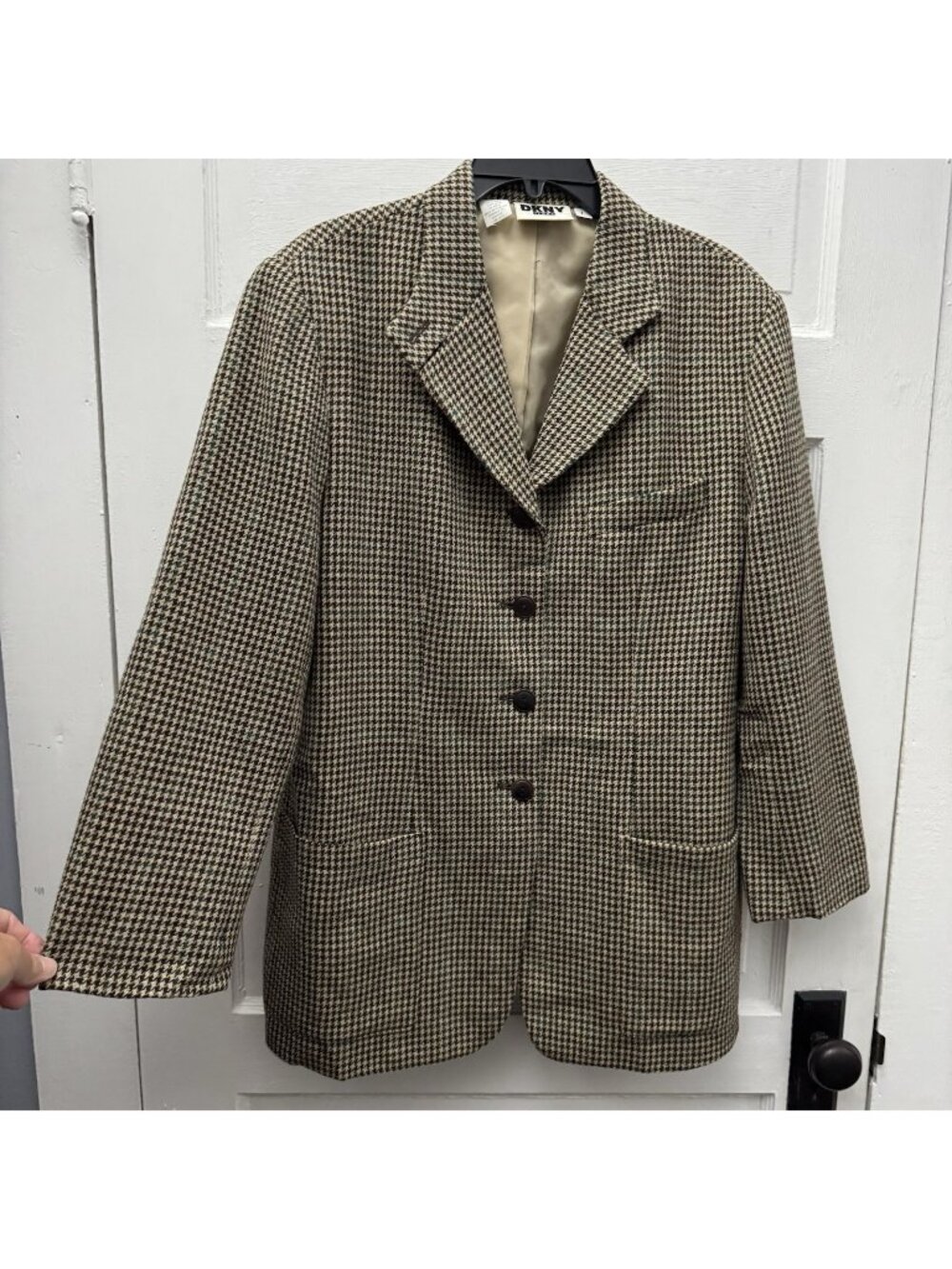 DKNY Jeans Vintage 100% Wool Houndstooth Plaid Blazer Jacket Large FLAW